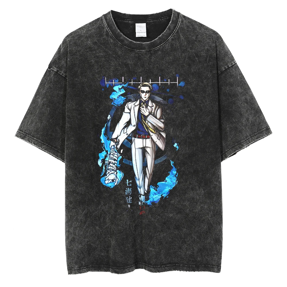 أنيمي Jujutsu Kaisen الرجال أنيمي Harajuku خمر القطن غسلها تي شيرت الشارع الشهير المتضخم المرأة قصيرة الأكمام فضفاضة للجنسين #2