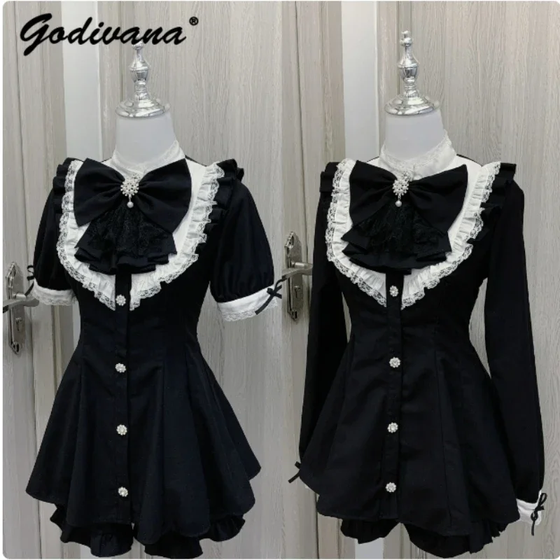 

Autumn New Japanese Style Mass-produced Big Bow Gothic Lolita Lace Short Sleeve Shirt Dress and Shorts 2 Peice Set Women Outfits