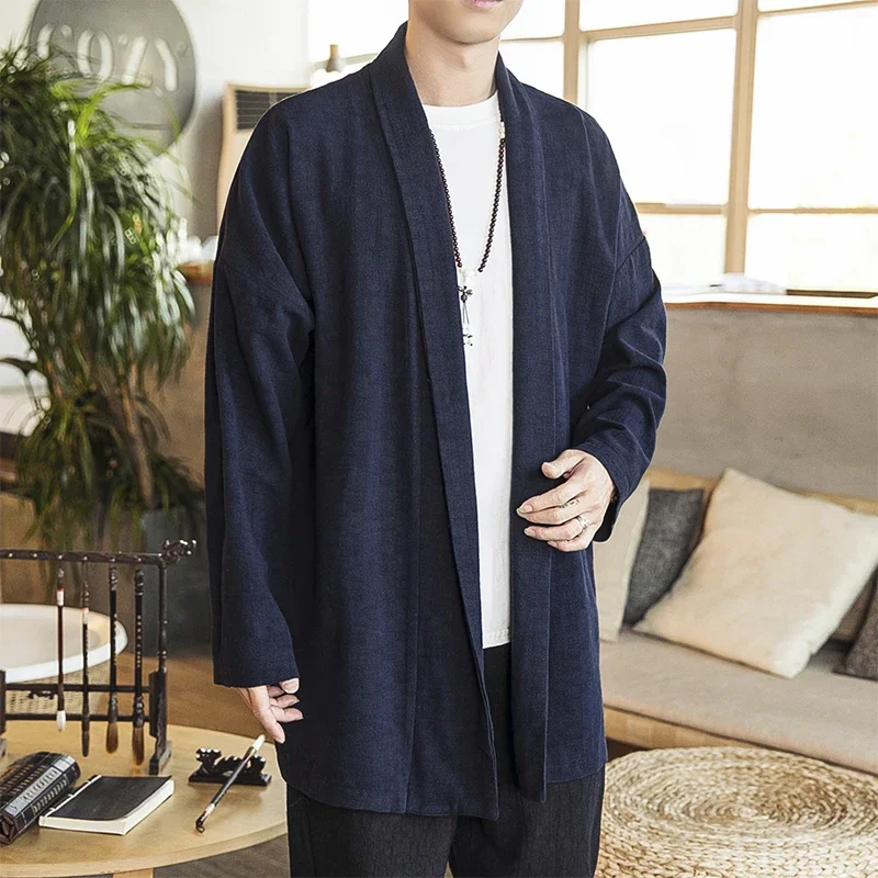 2024 Kimono Cardigan Men Linen Trench Coat Outerwear Loose Chinese Style Long Coat Mens Vintage Windbreaker Casual Jacket