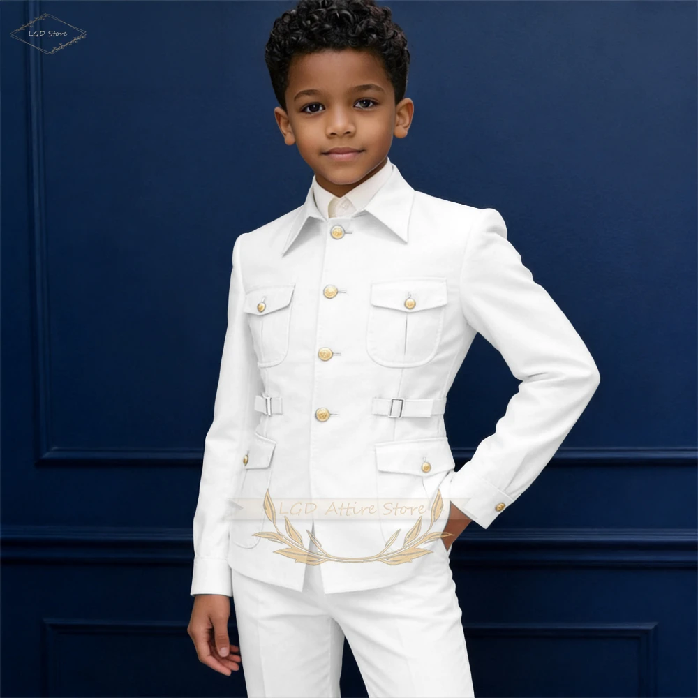 Boys' 2-Piece Formal Stand Collar Suit, Jacket with Gold Buttons & Pants for School Performances & Evening Events