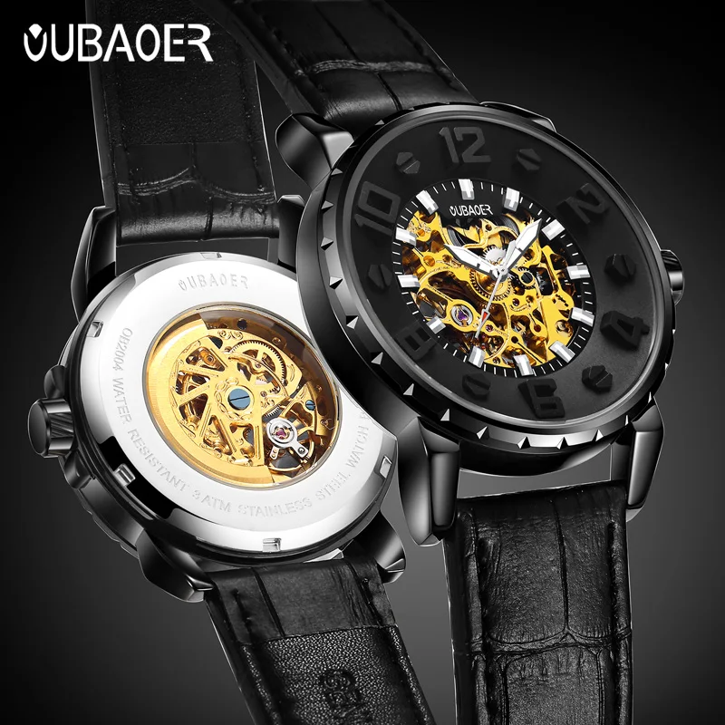 OUBAOER Men's Automatic Mechanical Watches with Hollow Design Dial, Fashion Sports Wirstwatch, Leather strap Gift Clock for Men