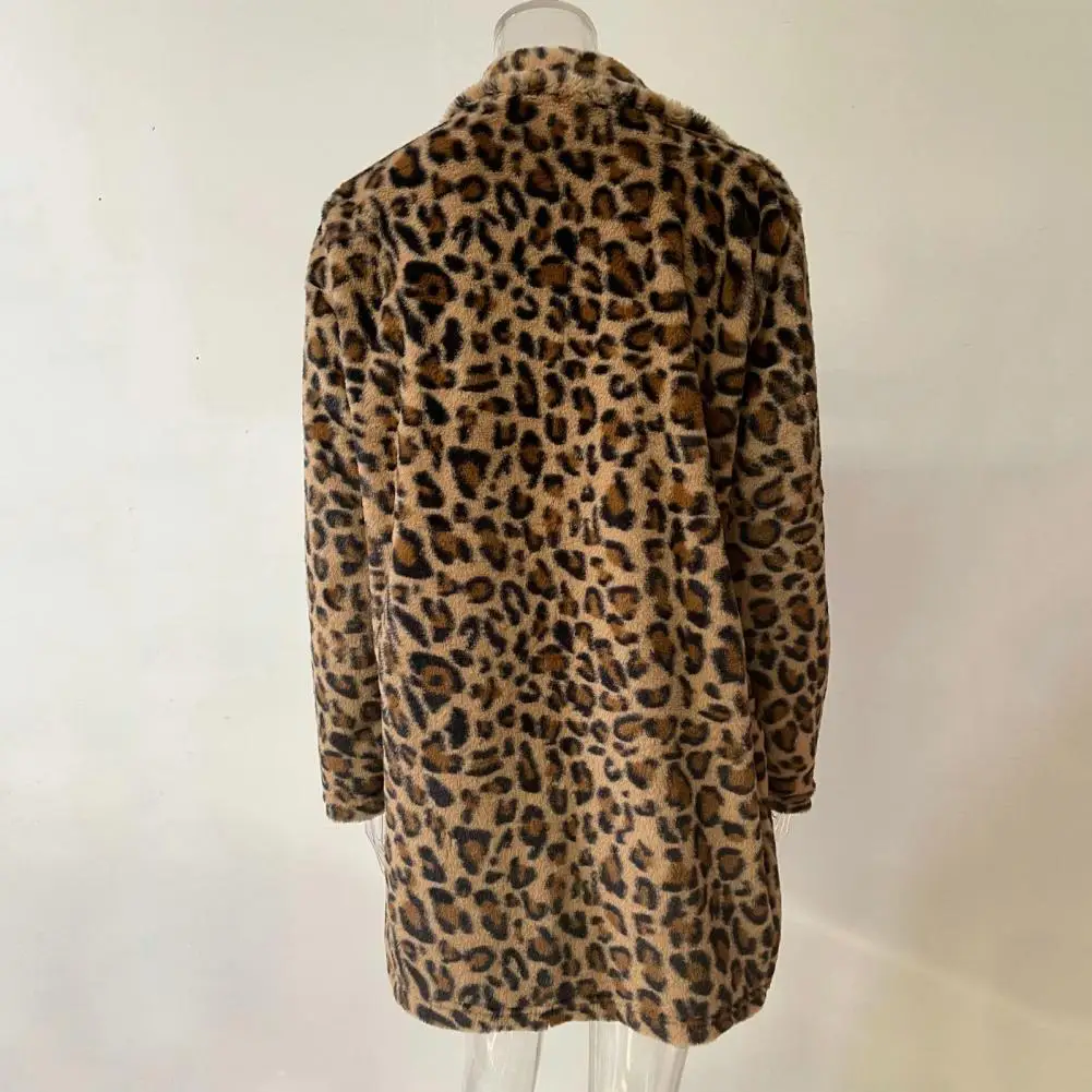 Imitation Fur Jacket Leopard Print Plush Coat for Women Stylish Windproof Mid Length Overcoat with Pockets Lapel Women Faux Fur