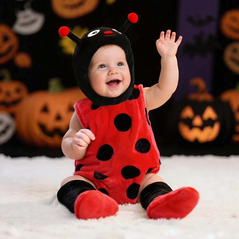 Newborn Baby Ladybug Romper Sleeveless Hooded Bodysuit Cartoon Animal Onesie Toddler Halloween Costume Jumpsuit Winter Playsuit