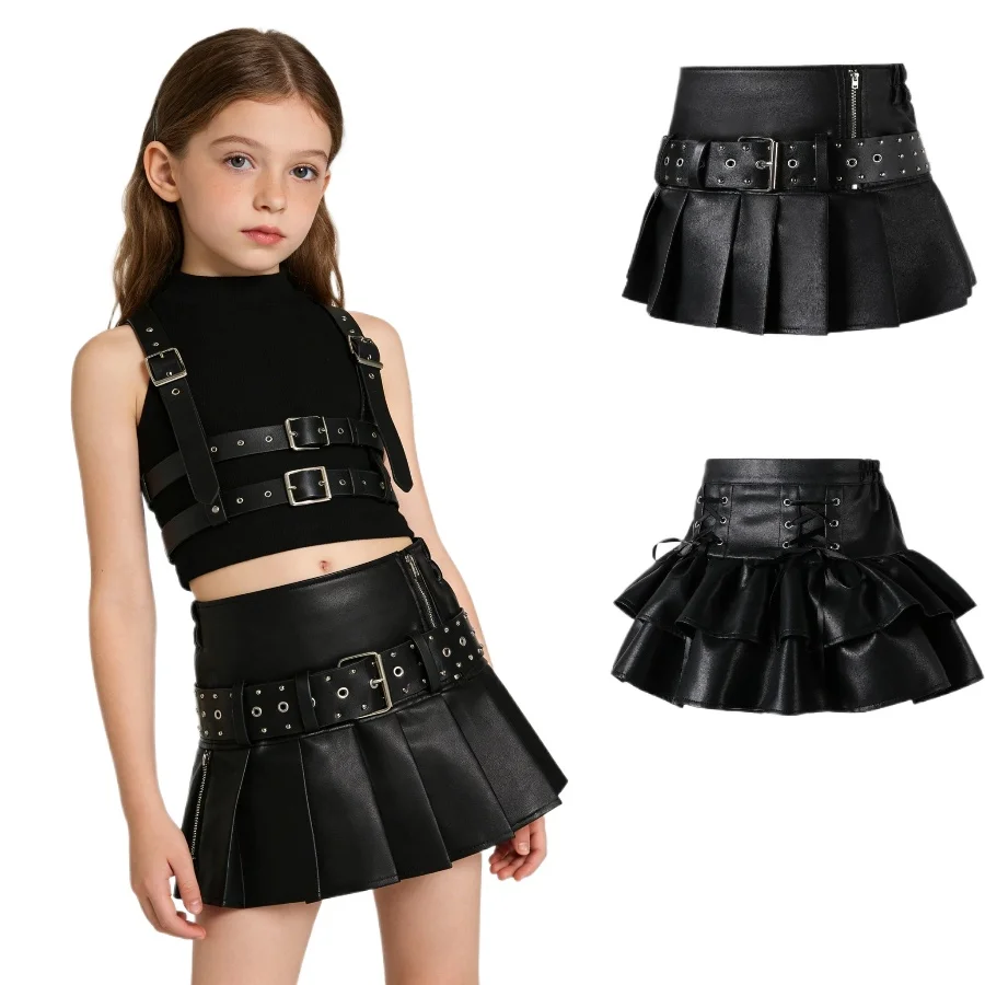 Schwarzer PU-Leder Falten-Minirock für Mädchen, Hohe Taille mit Nietengürtel, Punk-Gothic-Stil, A-Linien Kurzrock, Streetwear für 4-12 Jahre