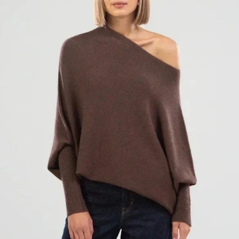 Autumn Casual Solid Round Neck Women Sweaters Loose Batwing Sleeve Knitted Pullover Sweater Woman Winter Sexy Knitwear Top 30463