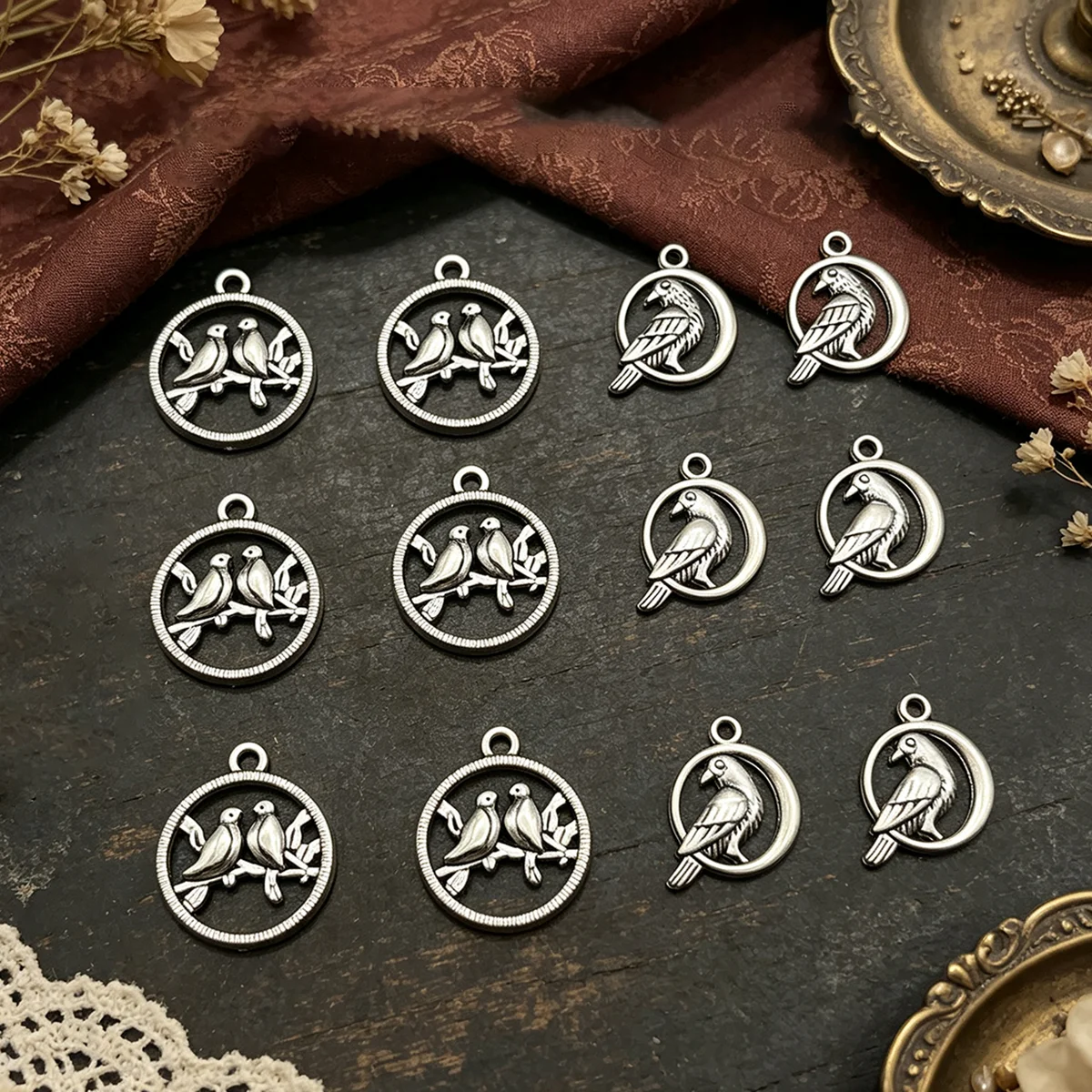 12-Piece Set of DIY Handmade Accessories, Featuring Circular Double Bird Branches, Crescent Moon Single Bird Designs, and Various Styles, Suitable for DIY Bracelets, Necklaces, Earrings, Pendants, and Handmade Beaded Decoration Accessories