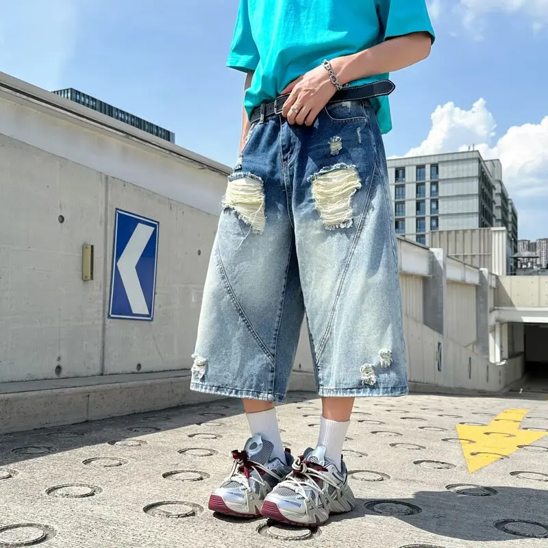 

Gradient Washed Ripped Cropped Jeans Men's Summer American Street Retro Loose Straight Silhouette Wide Leg Shorts Short En Jean