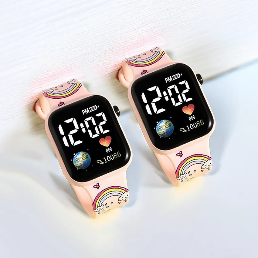 Fashion Hello Kitty Cartoon Printed Button LED Electric Watch Girls Teenager Personality Stitch Printed Square Children Watch ﻿