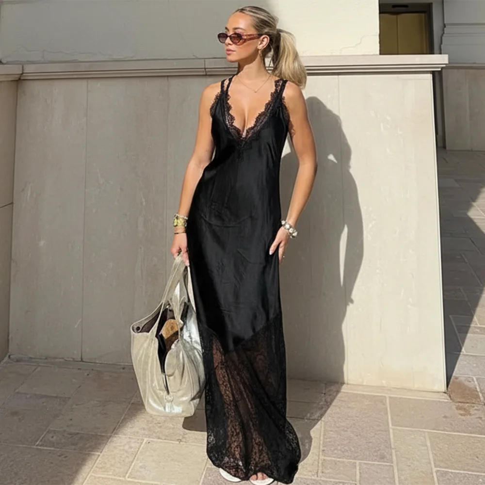 Ticketsx Sexy Lace Patchwork Dress Women V Neck See Through Sleeveless Long Dress Elegant High Street Backless Evening Dress