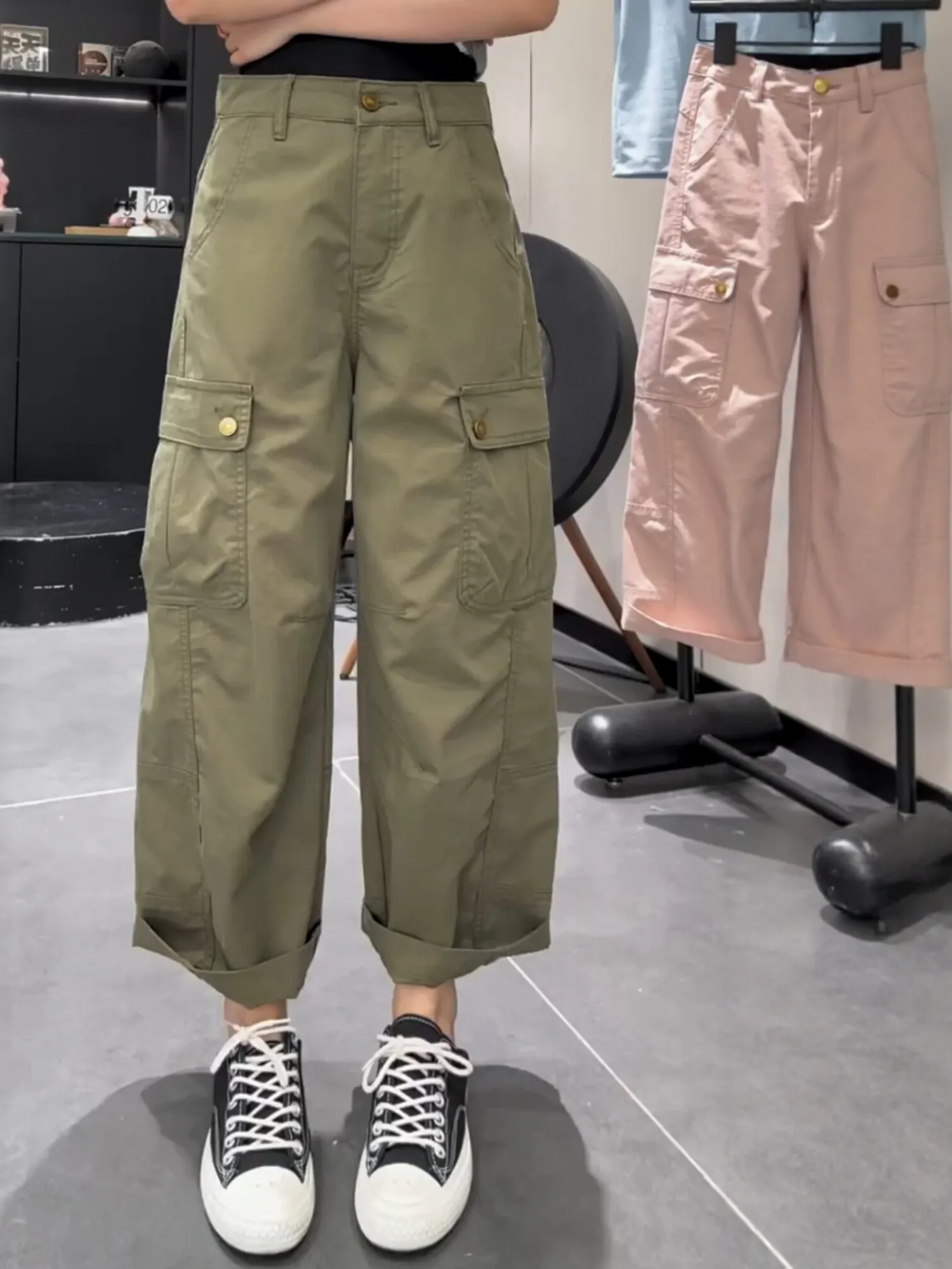 

Loose Wide Leg Jeans High Waist Cargo Pockets Summer New Style Military Green Casual Style Women's plus Size Denim Pants