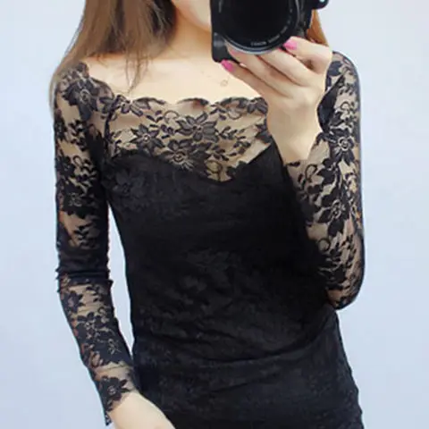 Korean Spring Autumn Lace Bottoming Shirt Blouse Women's Long Sleeve Transparent Hollow One-Shoulder Lace Top