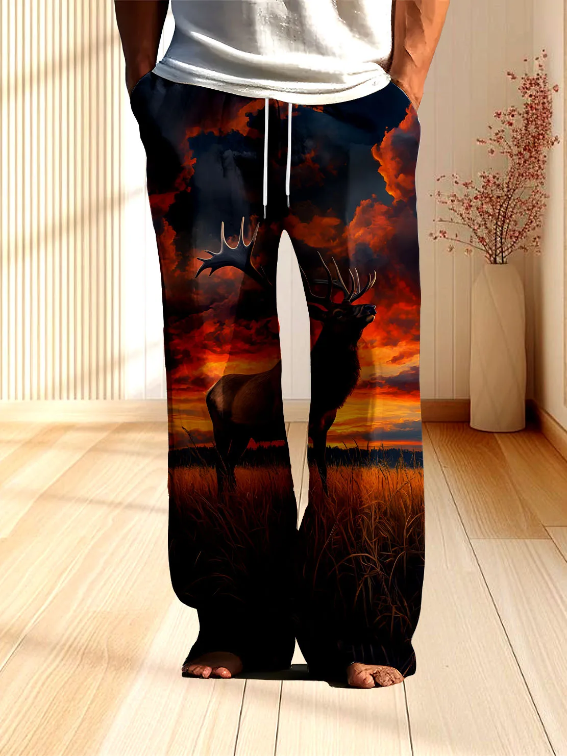 

3Dцифровой принт оленя на мужских брюках под закате, новые домашние повседневные брюки со свободным, быстросохнущим и не выцветающим дизайном.