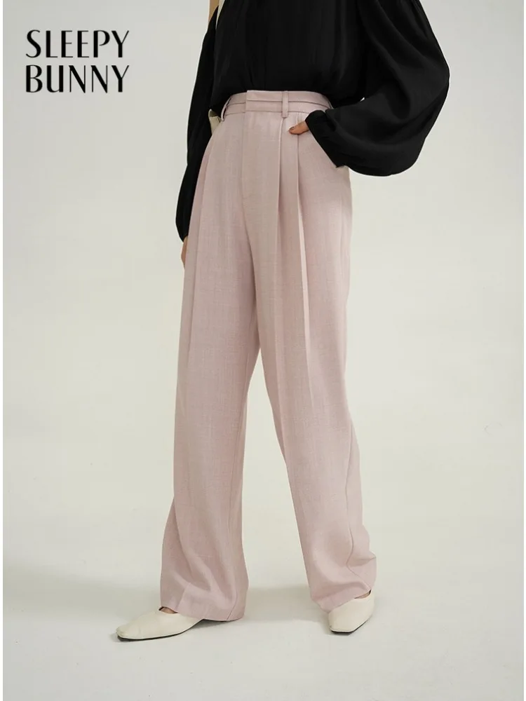 Elegant High-Waist Suit Pants for Women Lady Loose Straight Trousers Chic Commuter Style Relaxed Fit Spring Office Daily Wear
