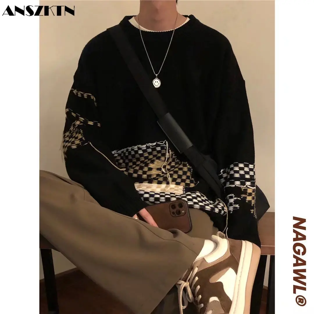 ANSZKTN Autumn and winter clothing design sense trend stitching tassel knit casual crewneck sweater