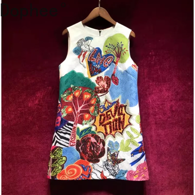 High Quality 2025 Summer Women Vests Dresses Cartoon Printed Diamonds Jacquard A-line Dress Elegant Lady Short Mini Party Dress