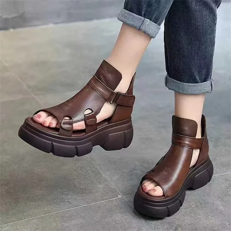 PU Leather Retro Shoes Women Sandals New Ankle Boots Summer Handmade Hollow-out Lace-up Casual Platform Comfortable Sandals