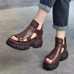 Scarpe retrò in pelle PU sandali da donna nuovi stivaletti estivi fatti a mano con lacci e plateau Casual comodi sandali