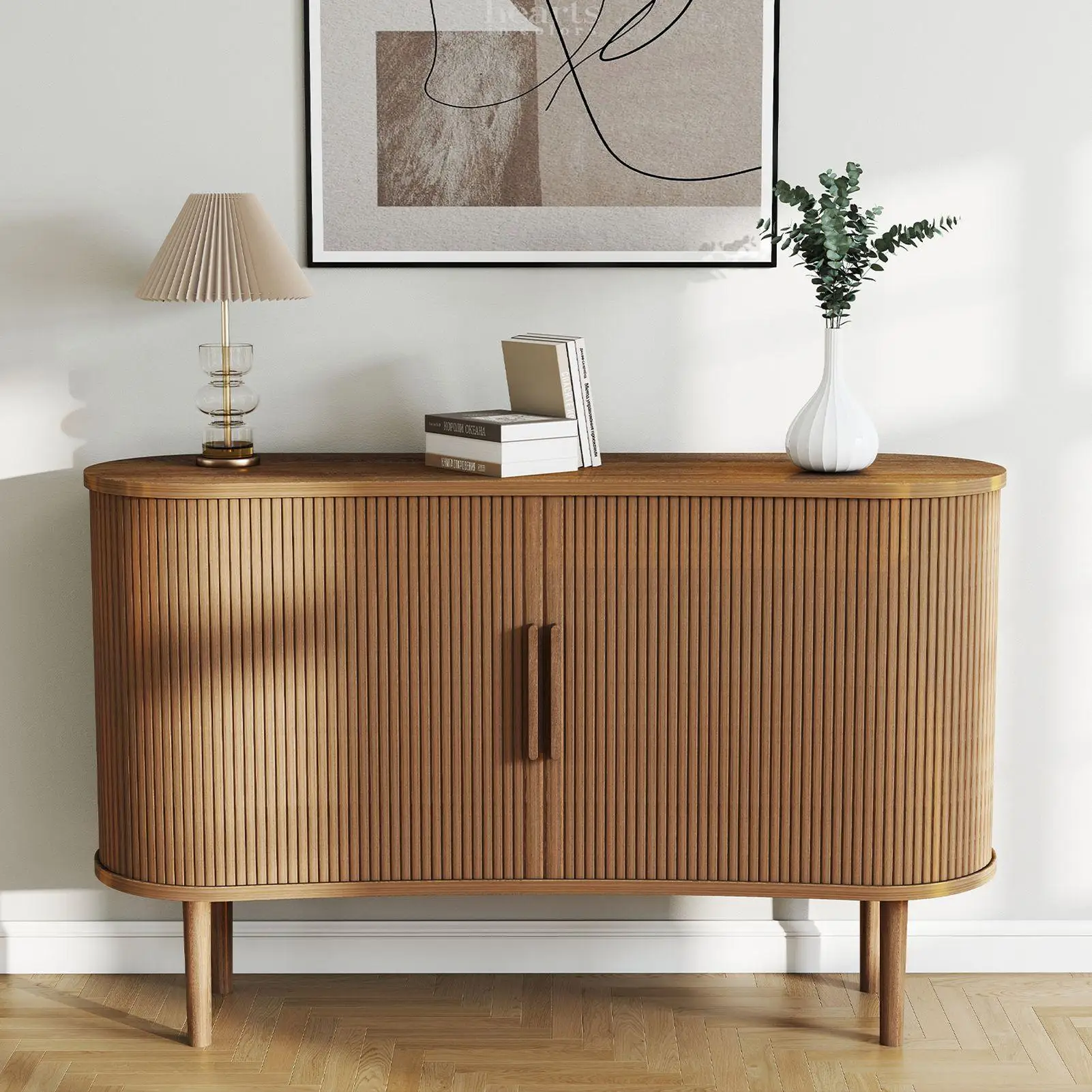 

Storage Sideboard 1.4M Long Curved MDF Modern Buffet Cabinet with Doors for Kitchen Living Room Bedroom Walnut