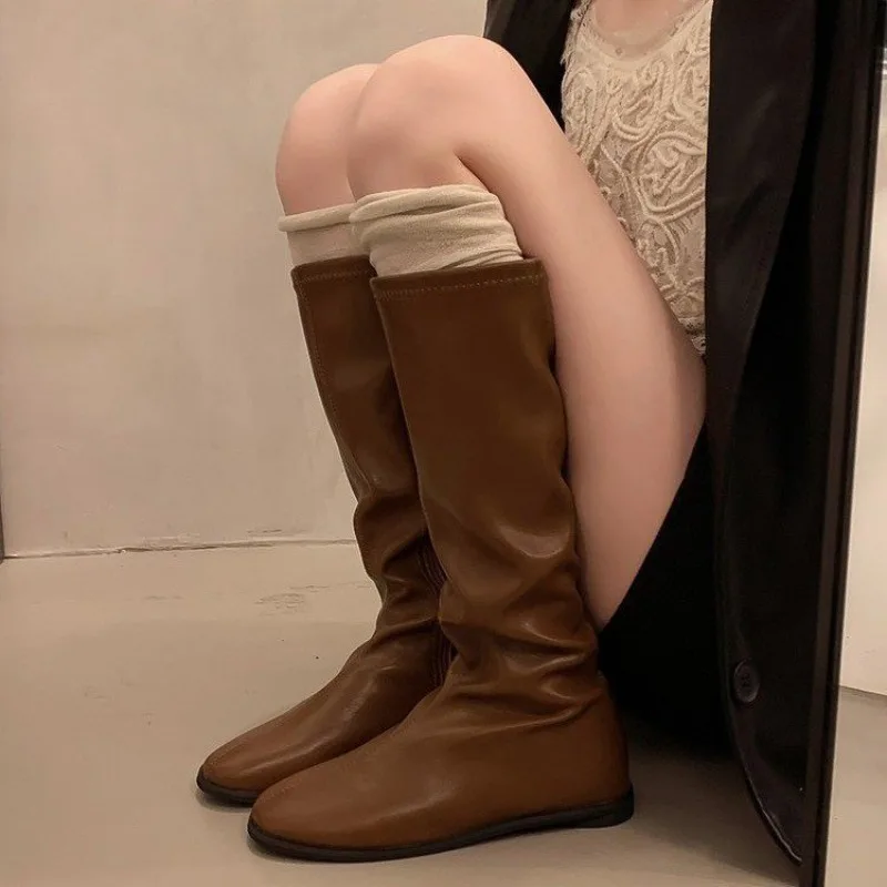

Retro Minimalist Long Boots Women's Shoes 2025 New Autumn and Winter Solid Color Side Zipper Flat Bottom Round Head Knight Boots
