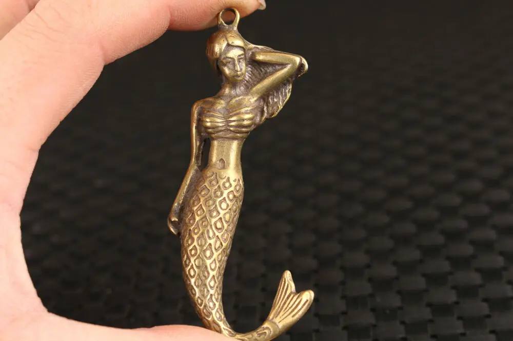 Rare Chinese Old Bronze Mermaid Sea-Maid Statue Figure Noble Gift Pendant