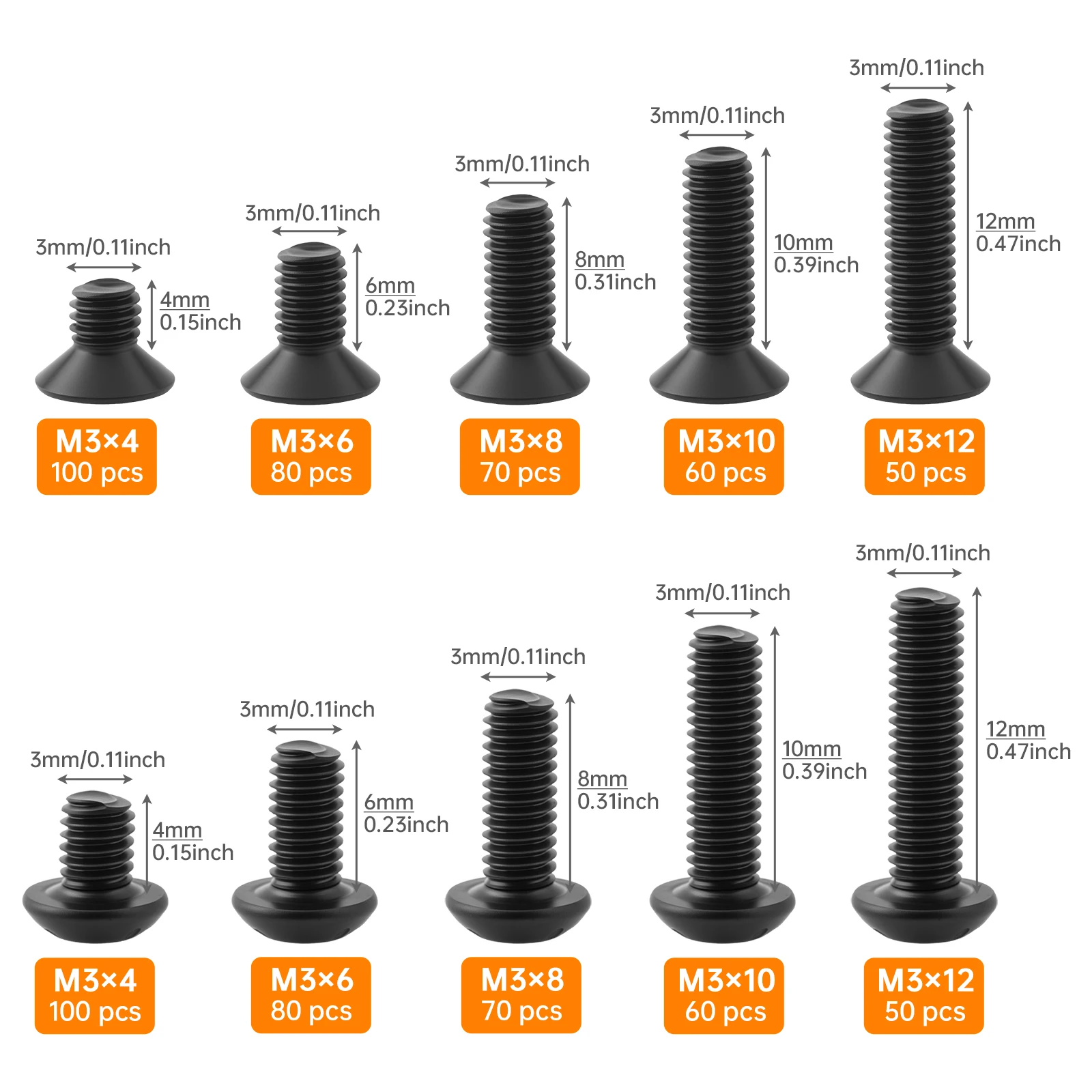 720 pcs M3-0.5 x 4/6/8/10/12 mm Hex Socket Button & Flat Head Bolts, Nuts, Washers Kit with Hex Wrench and Tweezers