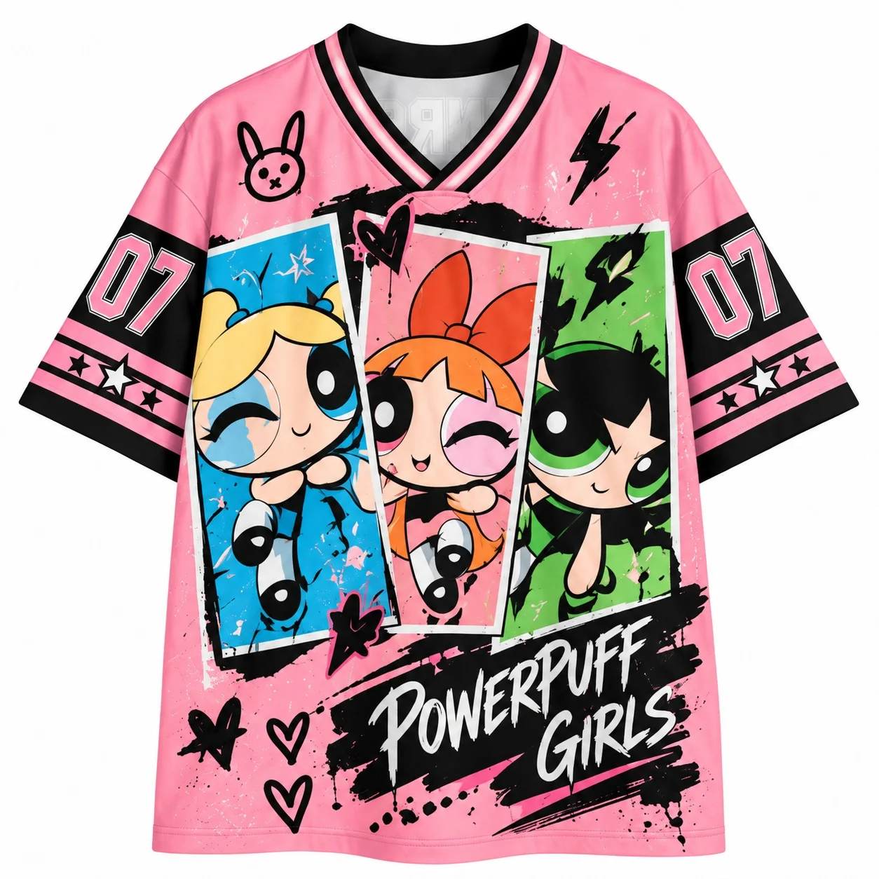 Powerpuff Girls Grafik-Trikot-Shirt für Erwachsene, Unisex, V-Ausschnitt, Cartoon-Streetwear, Y2K-Sportstil, lässiges Oberteil – Detail 6