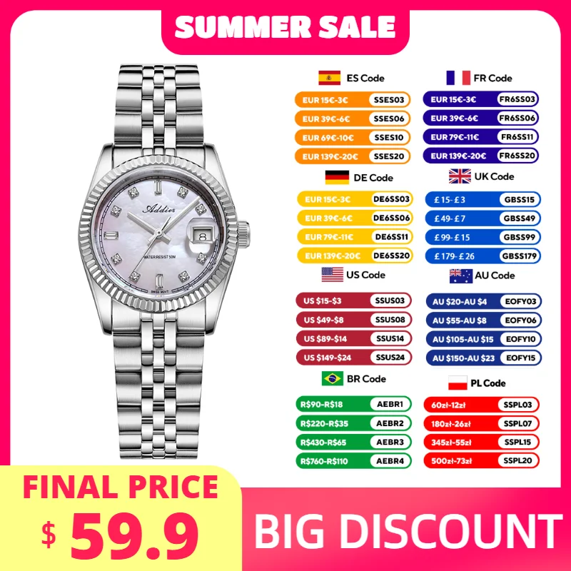 

ADDIES New Luxury Ladies Watches Japan 585 Quartz Stainless Steel 5Bar Waterproof Outdoor Sport Diving Wristwatch for Women New