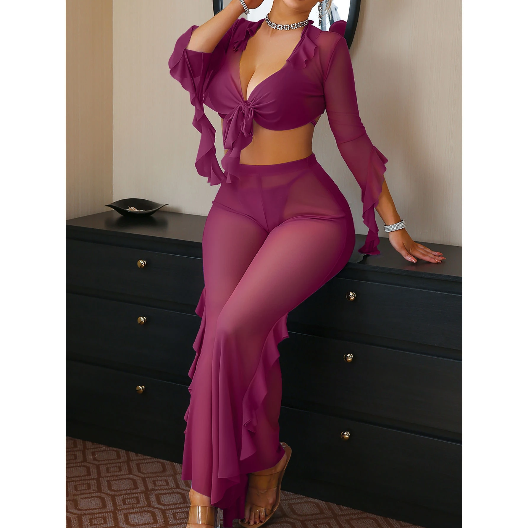 

Сексуальное и чувственное нижнее белье в европейском стиле, с сетчатой тканью, женская одежда, прозрачный стиль с длинными рукавами L764