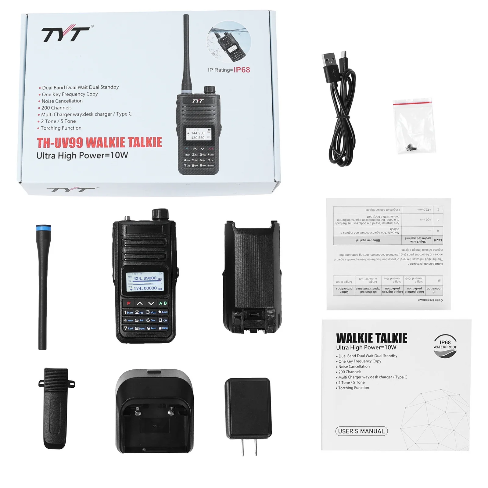 Imagem -06 - Walkie Talkie Tyt-impermeável Carregamento tipo c Rádio 200 ch Th-uv58 Ip68 10w Uhf Vhf 3200mah Bateria th Uv99