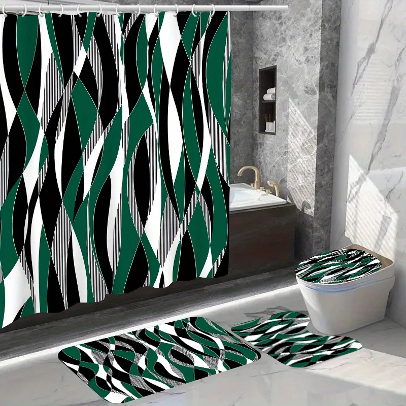 1/4pcs Green Stripe Pattern Shower Set, Waterproof Bath Curtain With Hooks, U- , Toilet Cover , L-shaped Mat