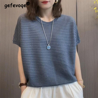 Women Clothing Summer Simple Casual Short Sleeve Thin Knitwear Ladies Elegant Solid Round Neck Loose Basic Pullover Tops Jumpers