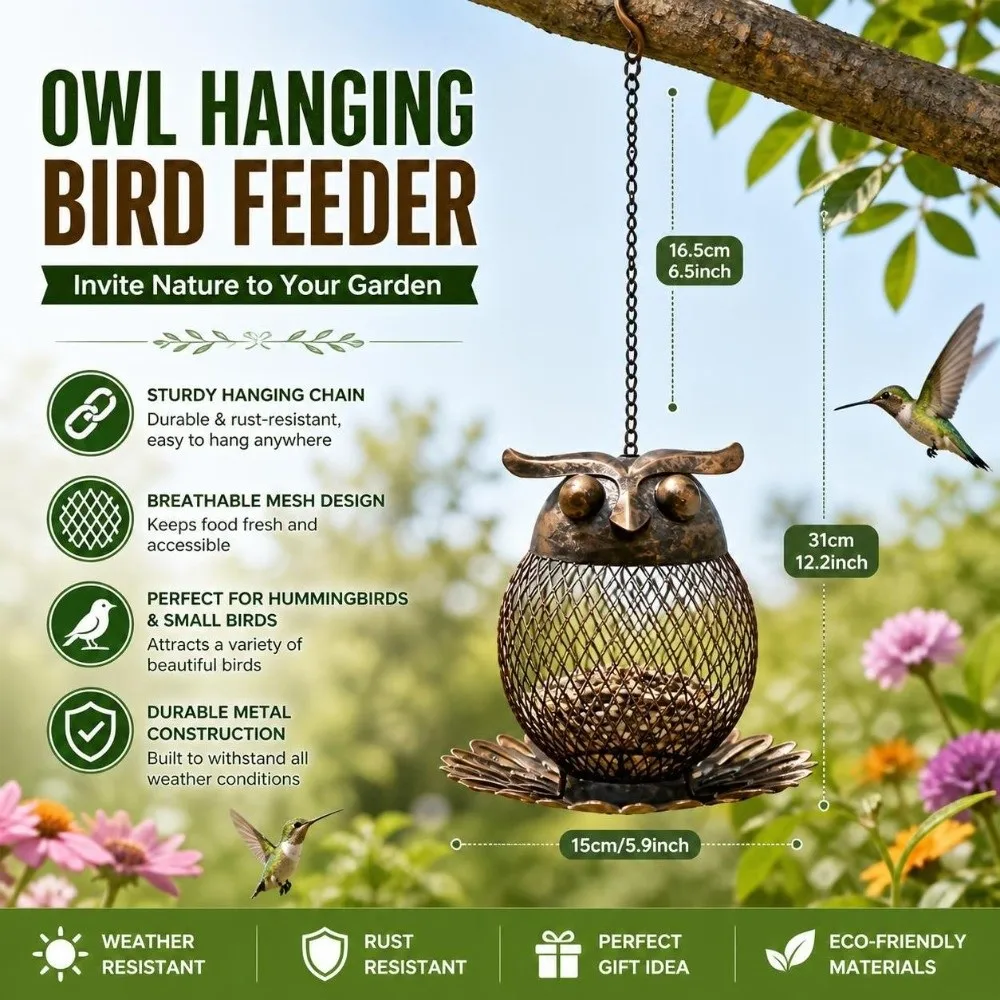 Owl Shape Metal Bird Feeder Rust Proof Metal Mesh Hanging Wild Bird Feeder Squirrel-Proof Bronze Finish Owl Hummingbird Feeder