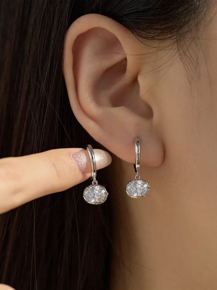  High Carbon Diamond Oval Pendant Earrings Women's Pure Silver Ear Jewelry Fashionable Water-Resistant Cubic Zirconia