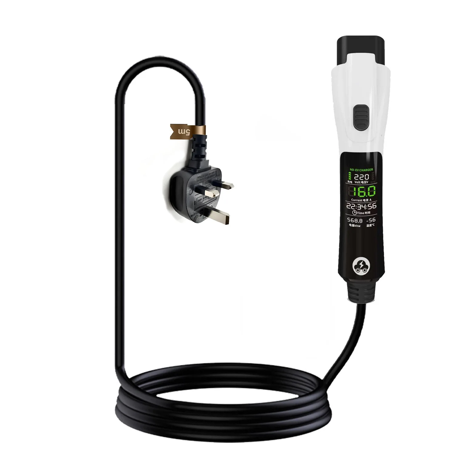 3KW 13A GB T EV Portable Charger 5M Cable EVSE UK Plug Wall Box Adapter for Electric Vehicle with Display Screen