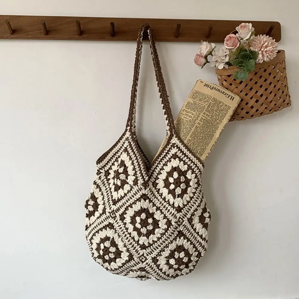 

Casual Bohemian Crochet Tote Bag Hollowed Out Ethnic Style Weave Bag Handbag Large Capacity Beach Shoulder Bag Picnic
