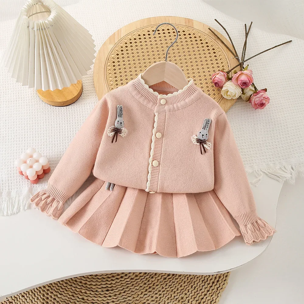 

2-7Y Autumn Girls Clothing Set Knit Bunny Cardigans Pleated Skirt 2Pcs Knit Suit Girls Sweater Knit Outerwear