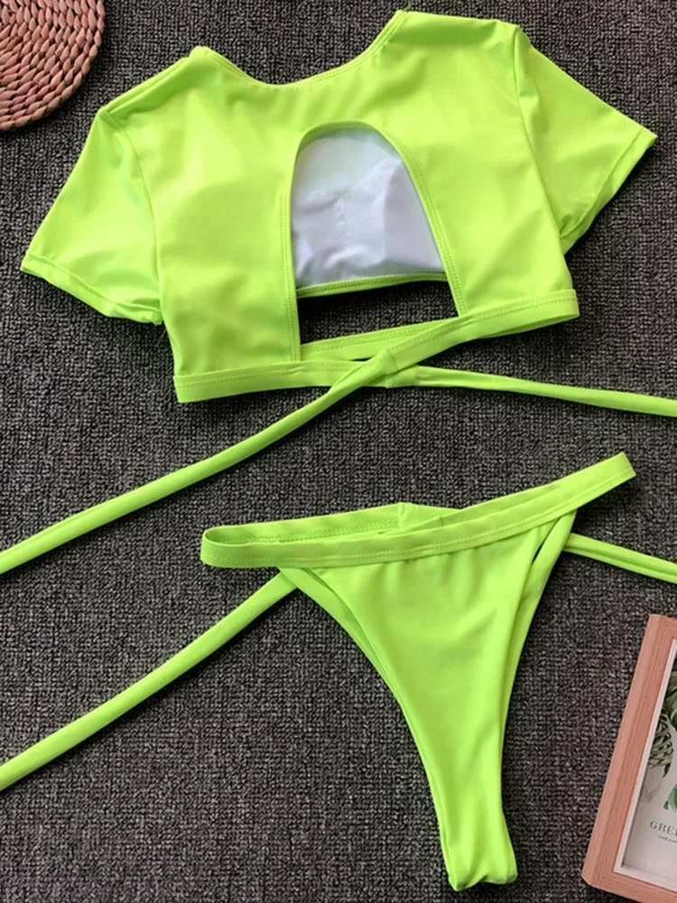 Neon Green Wrap Around Short Sleeve Bikini Women Swimsuit Female Thong Swimwear Two Pieces Bikini Set High Cut Bathing Suit Swim