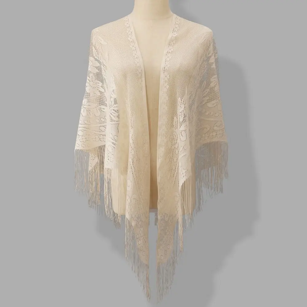 Floral Embroidery Women Lace Scarf Transparent Mesh With Tassels Evening Prom Cape Lightweight Tulle Hollow Mesh Scarf Party Use