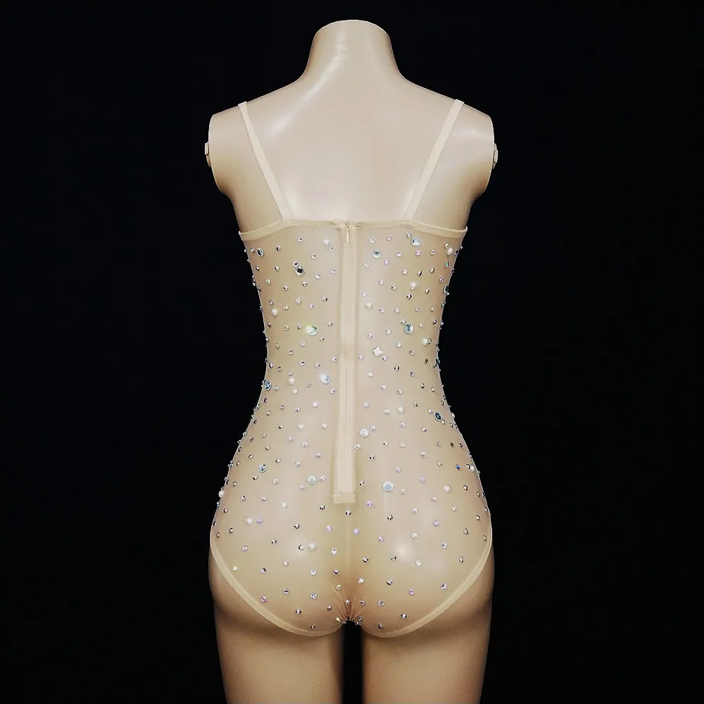 Sexy V Neck Perspective Mesh Elastic Crystals Bodysuit Women Dancer Stage Performance Costume Luxurious Gemstones Pearls Tights