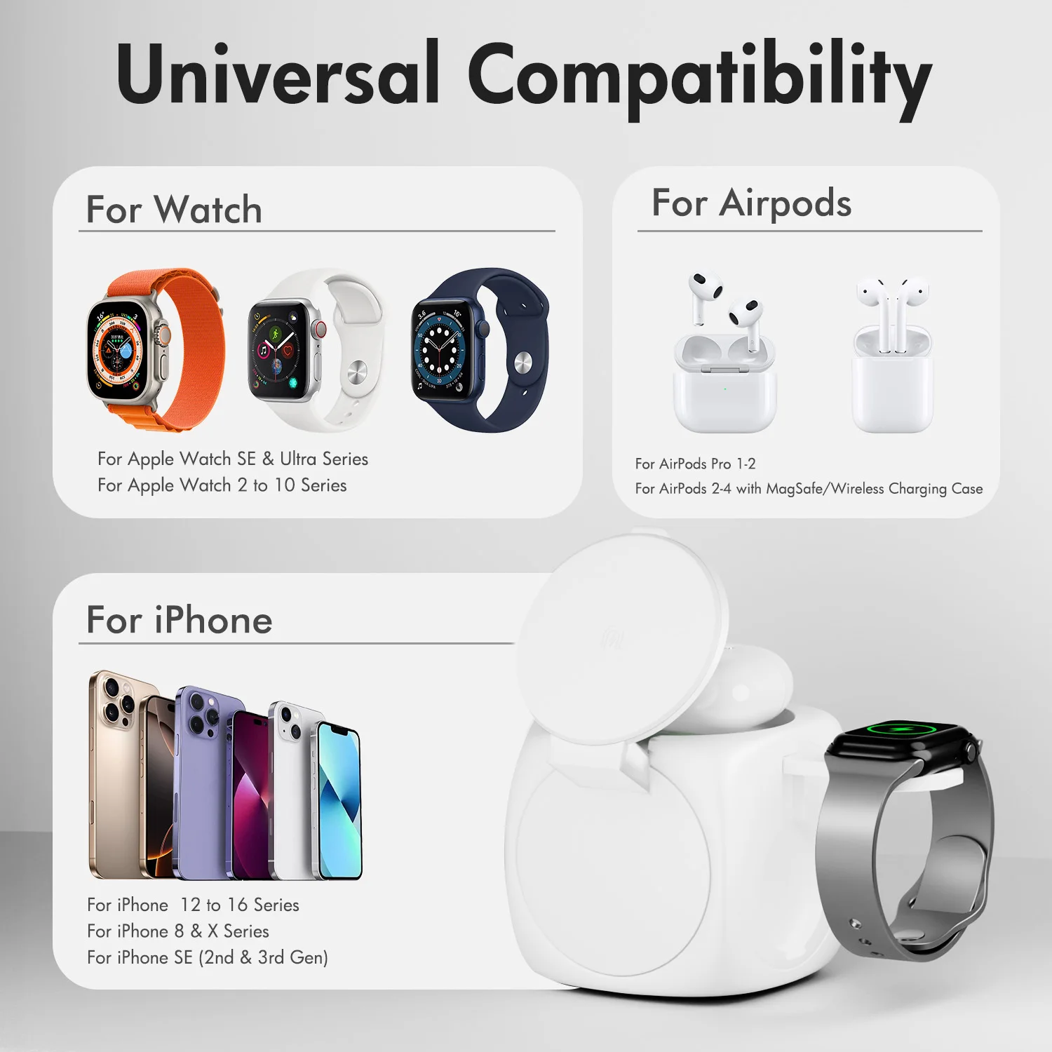 محطة شحن لاسلكية مغناطيسية 3 في 1 قابلة للطي 15 وات شحن سريع يدور 360 درجة لهاتف آيفون 16 15 14 13 12 Pro/Pro Max/Plus