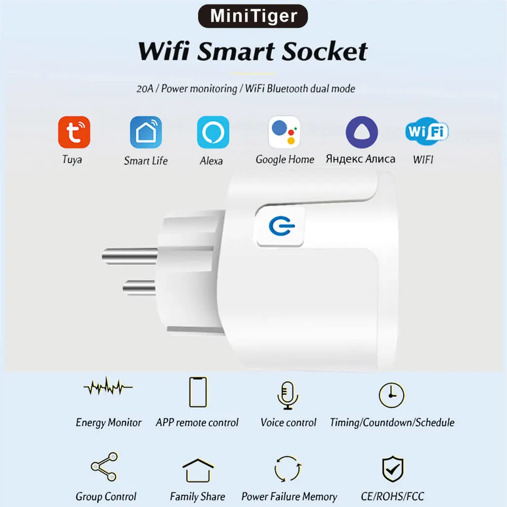 Picture 3: Tuya 16A 20A EU Smart Socket WiFi Bluetooth Dual Mode Plug with Power Monitoring and Timing Function Voice Control Alexa Google