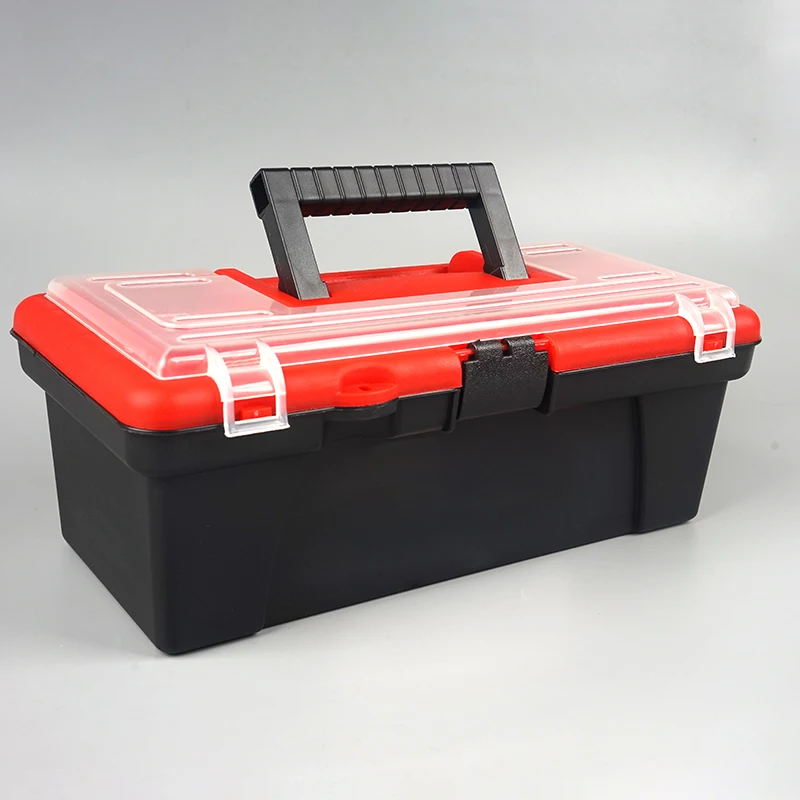 12'' Red & Black Plastic Tool Box with Handle, Multi-functional Zoning, Small Size for Easy-Carrying