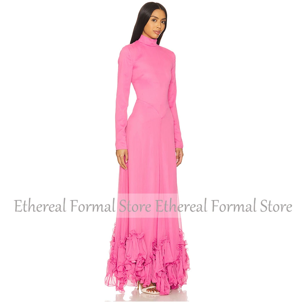 ความงาม Rose ชุดราตรียาวชั้นชีฟอง Ruffles ผู้หญิงพรหมชุดสายยาวแขน Saudi Dress