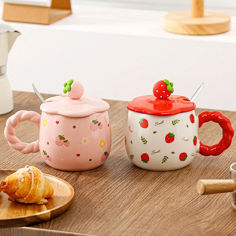 Cute Strawberry Mug Cartoon Fruit Ceramic Mug Large Capacity Water Cup High Appearance Level Girls Breakfast Cup Home