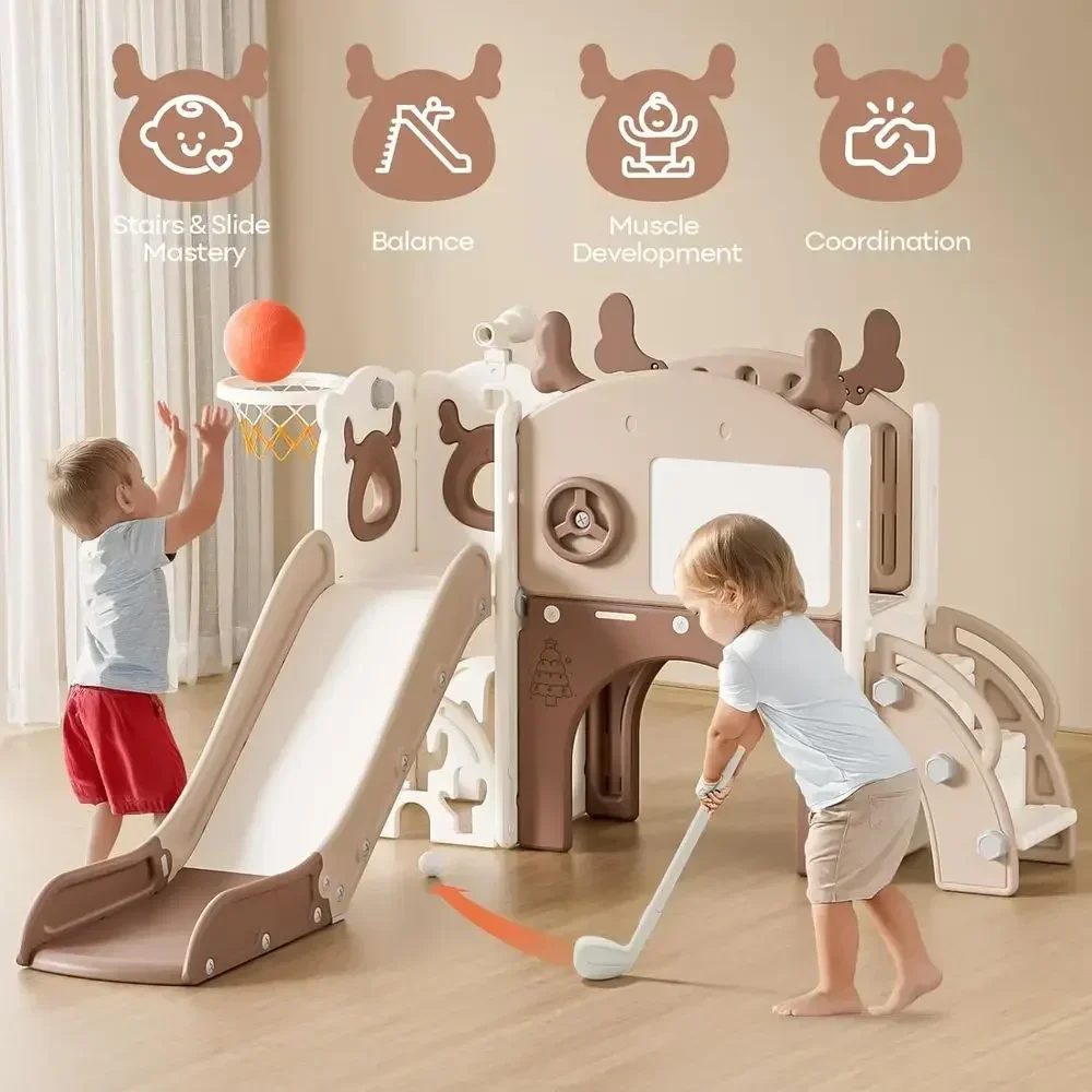 11-in-1 Toddler Slide for Kids 1-3 Years, Indoor/Outdoor, Basketball Hoop, Elk Theme, Beige & Rosy Brown