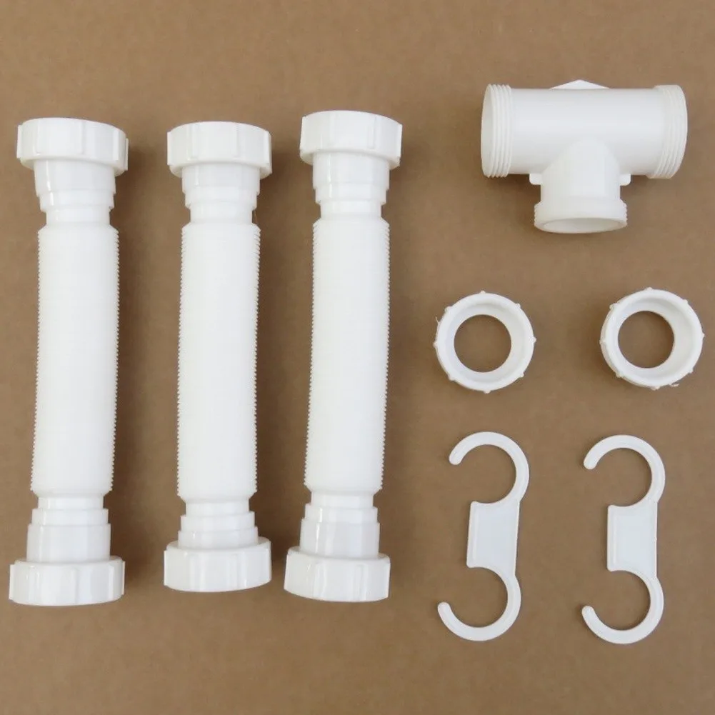 Flexible Kitchen Drain System Adjustable P Trap Kit for Double Basins Compatible with 1 1/2 and 1 1/4 Inch Pipes