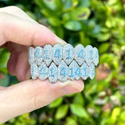 RACHELZ Hip Hop 8/8 Blue Number Zircon Teeth Grillz Top Bottom Fangs Full CZ Stone Tooth Caps For Women Men Body Jewelry