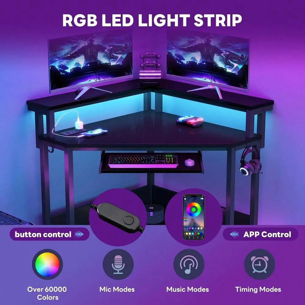

Conner Desk Home Office Computer Desk For Small Space With LED Lights Gaming Table With Storage Shelves Power Outlets Monitor S