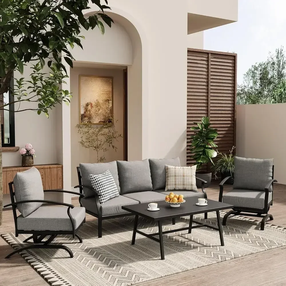 Grey Outdoor Metal Patio Furniture Set with Coffee Table and Rocking Chairs for Porch, Backyard, or Poolside