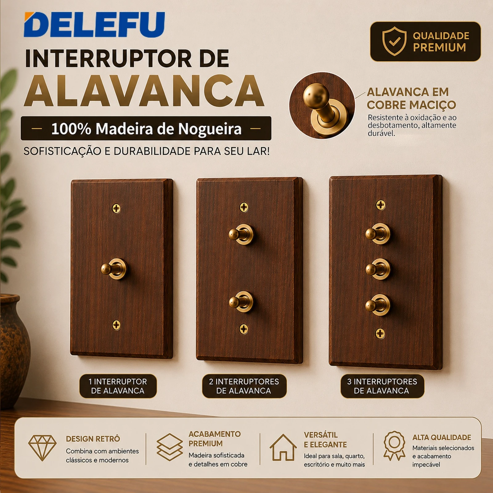 DELEFU Solid Walnut Wood Wall Switch Socket Retro Brass Toggle Switch 1/2/3 Gang Brazilian Type N Outlet 20W USB Type-C image 2